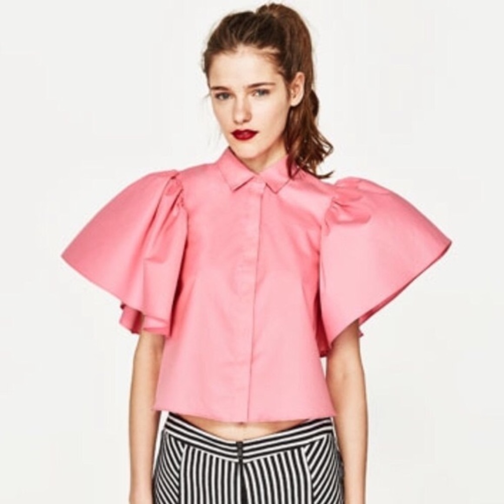 Zara Pink Ruffle Sleeve Open Back Top Button Up